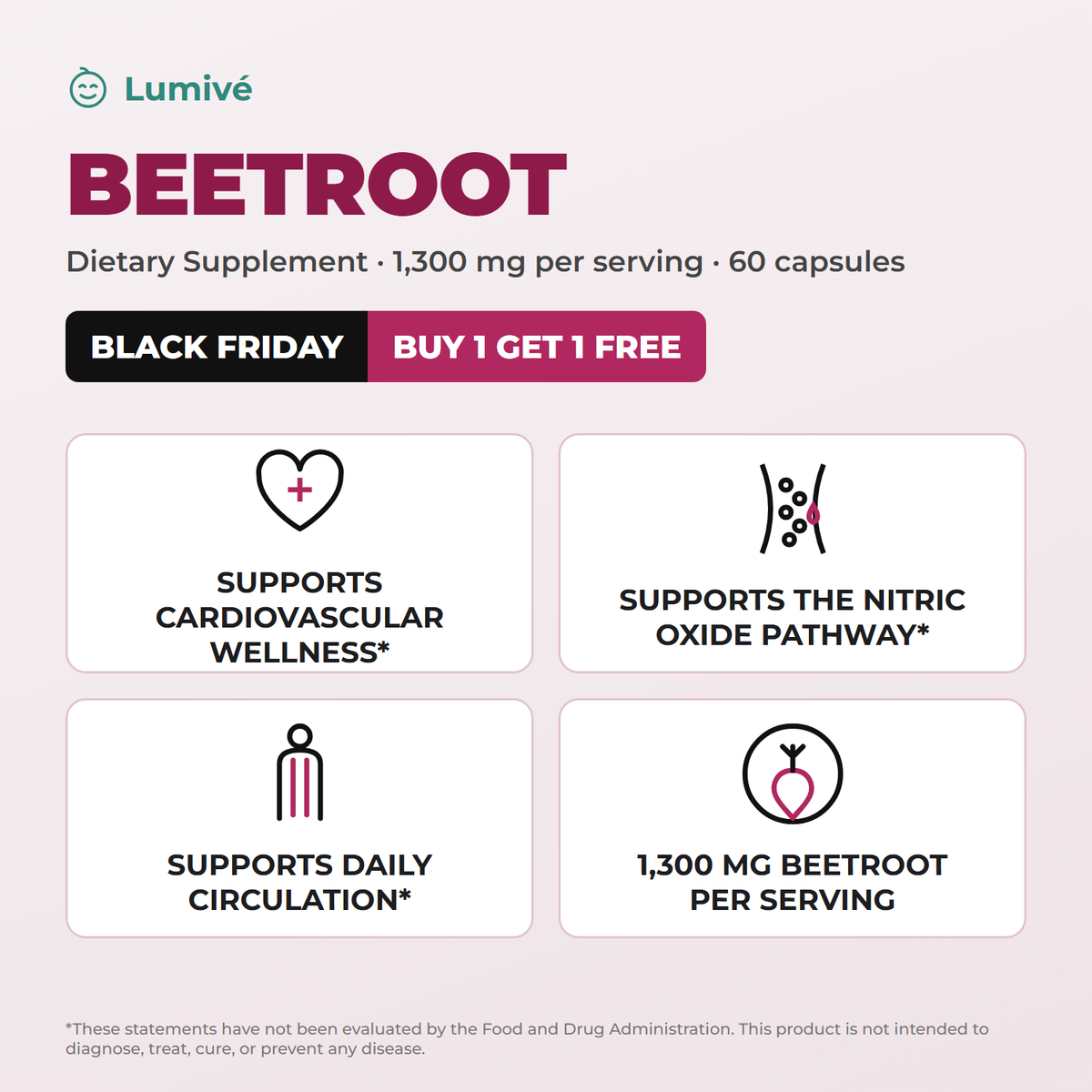 Lumivé Beetroot benefits: cardiovascular wellness, nitric oxide pathway, daily circulation, 1,300 mg per serving