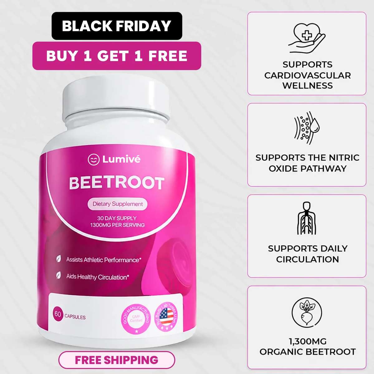 Lumivé Beetroot bottle, 60 capsules, 1,300 mg per serving, Black Friday Buy 1 Get 1 Free