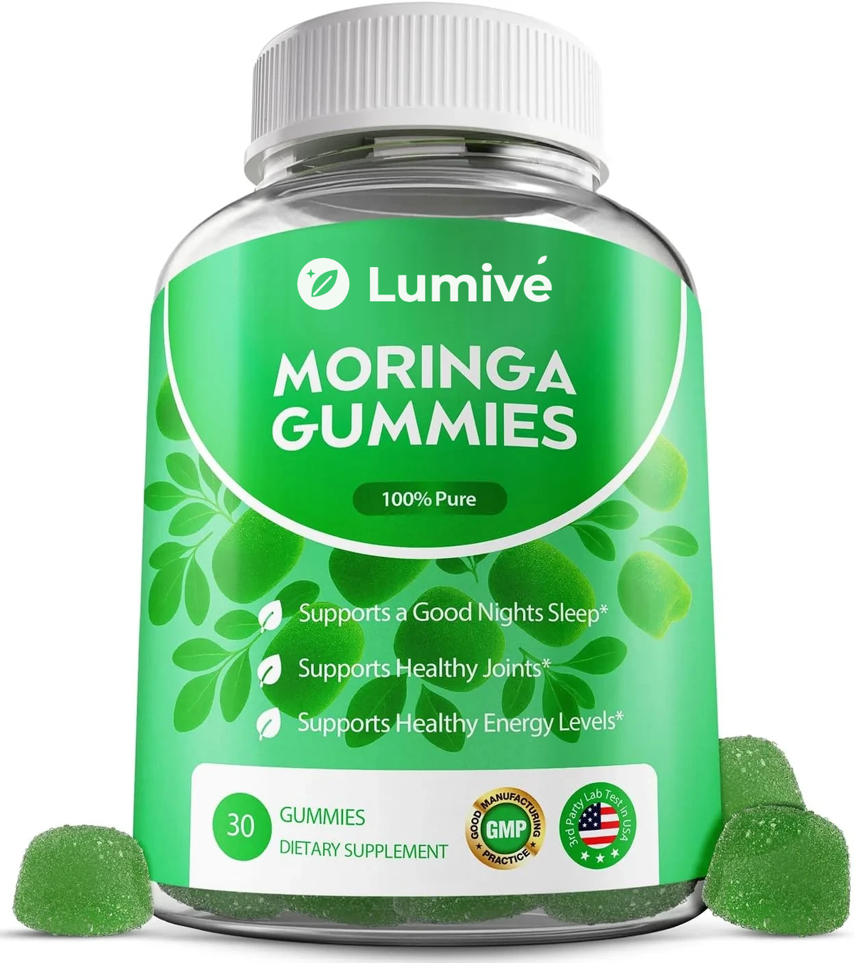Lumivé Moringa Gummies – bottle front with 30 gummies