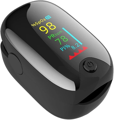 Infracalm fingertip pulse oximeter showing SpO2 98 and pulse 78