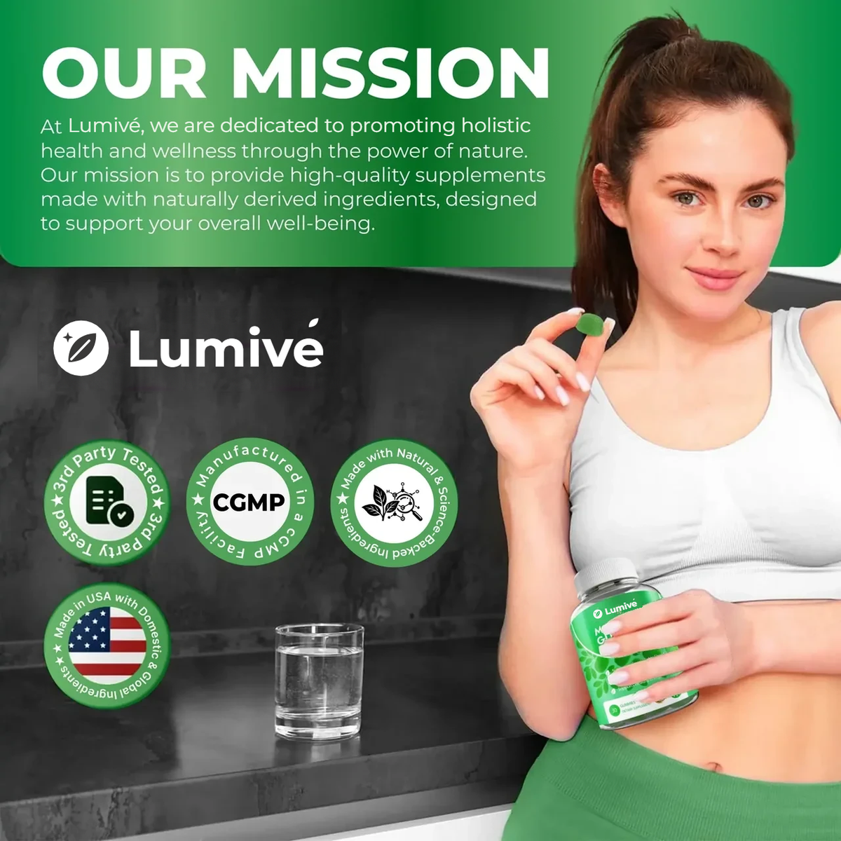 Lumivé Moringa Gummies – our mission and quality badges