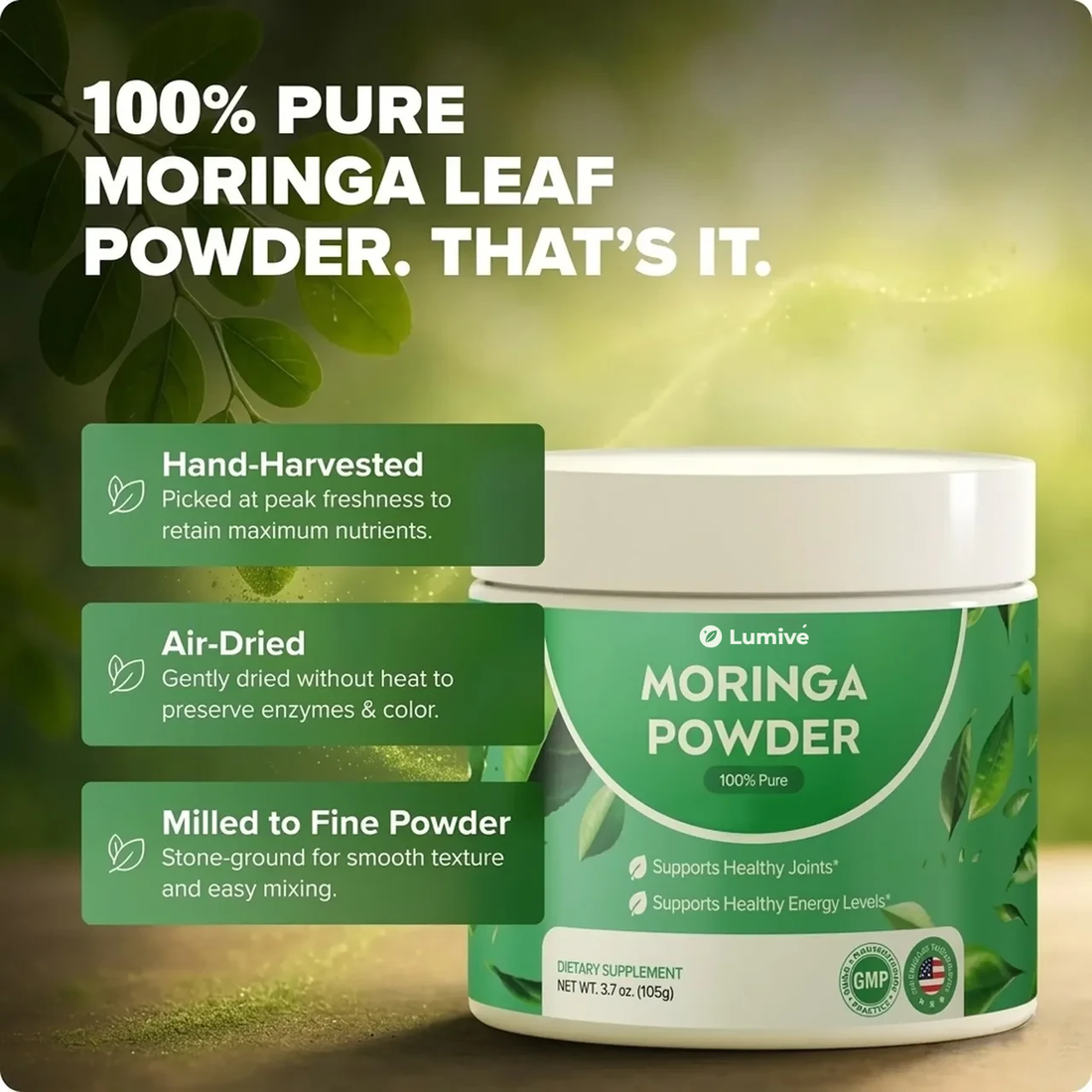 Lumivé Pure Moringa Powder – 100% pure moringa leaf powder